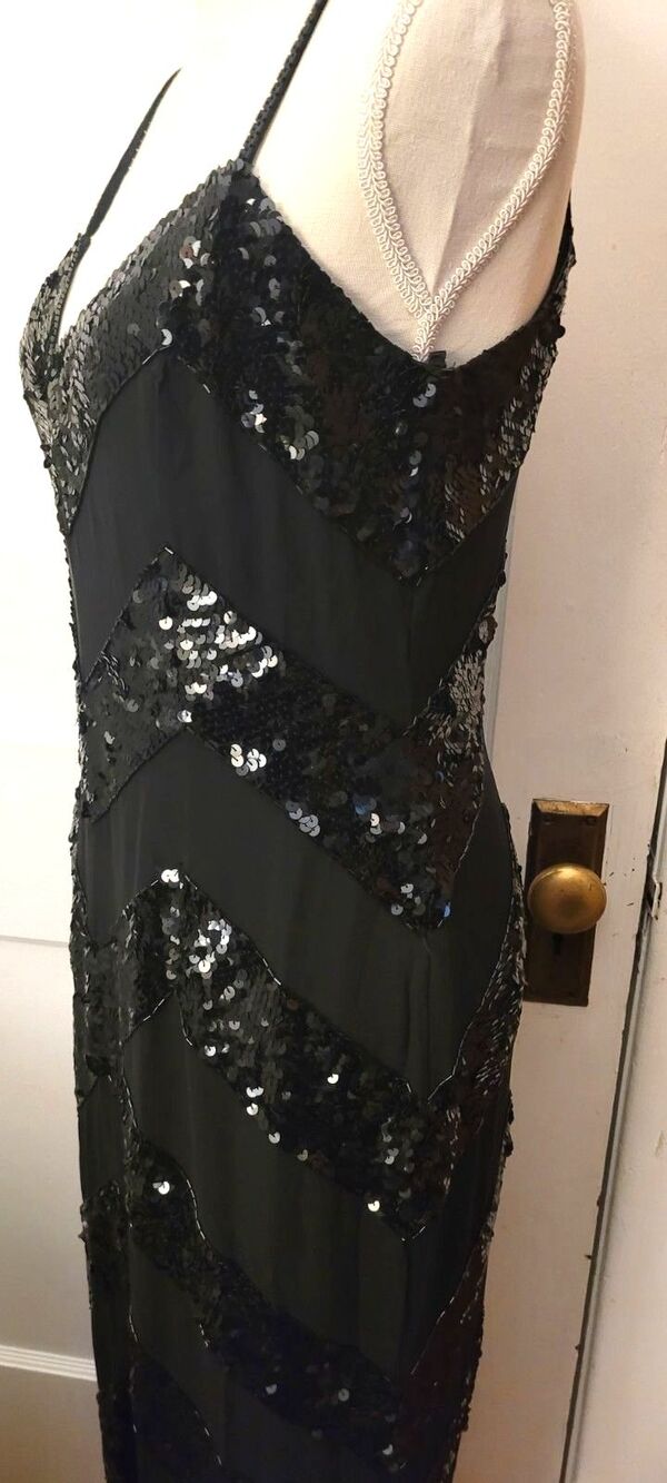 Vintage Y2K Black Silk Sequin Column Maxi Long Gown Evening Formal Slip Dress M - Picture 9 of 16